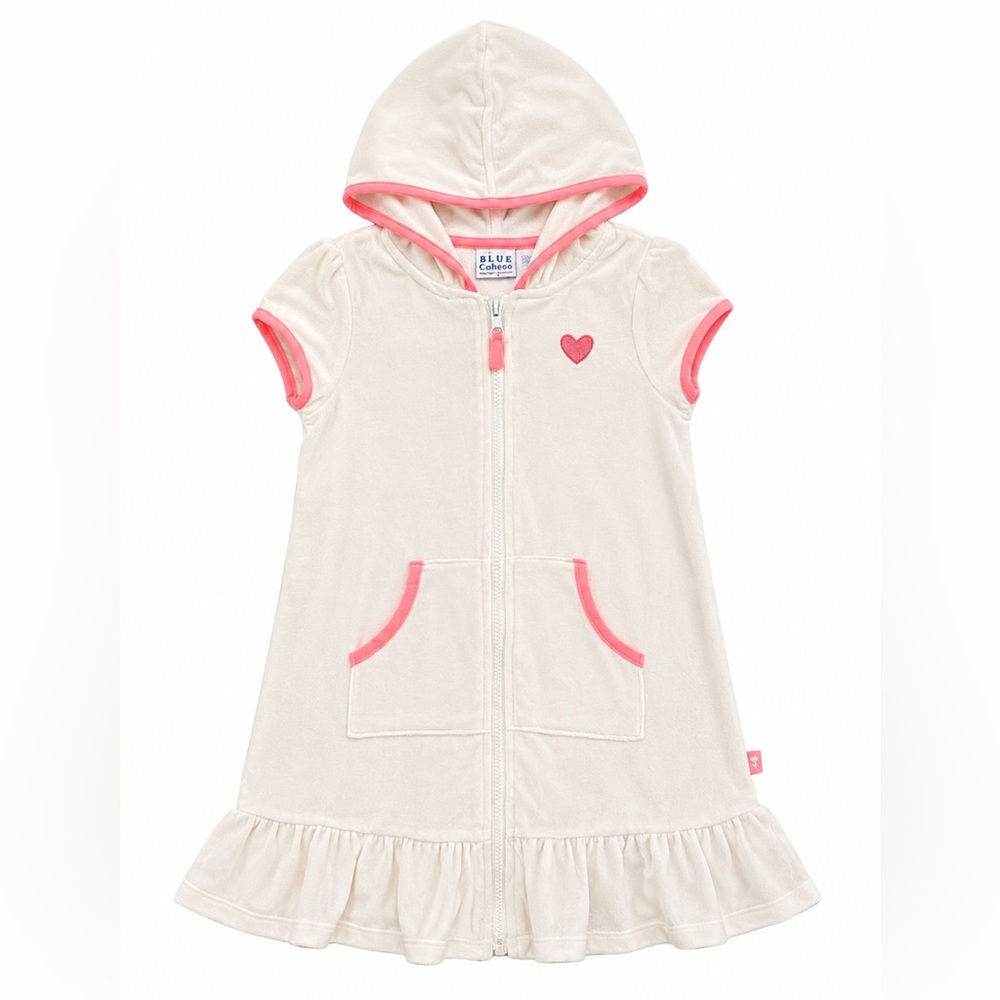 Girls' Cream Hooded Swim Coverup with Pink Trim